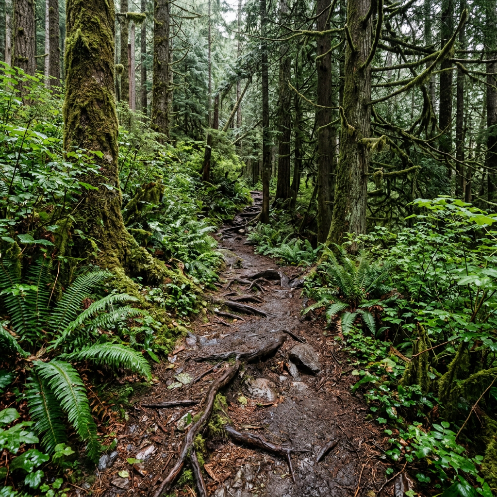 Mossy forest trail surrounded by ferns and towering trees